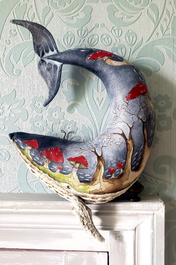 Folk art inspired 'Dreamtime' whale with mushrooms.