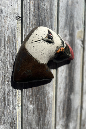 'Sea Clown' original ceramic puffin head sculpture.