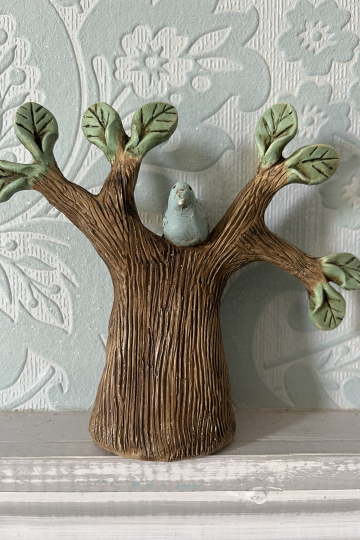 Reserved for A.Wright 'Blue bird in tree' folk art inspired ceramic sculpture